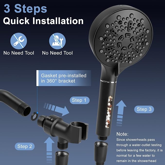 Filtered Shower Head with Handheld, Filtered Shower Head with 3-PCS Filters For Hard Water, 7-Spray Modes 5" High Pressure Shower Head, Built-in Power Jets Shower Heads, Black