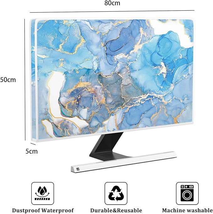 Baocicco Baby Blue Gold Marble Waterproof Screen TV Cover 32 Inch Modern Television Accessories Laptop TV LCD Fashion Weatherproof Screen TV Decorations for Tablet LED LCD OLED TVs