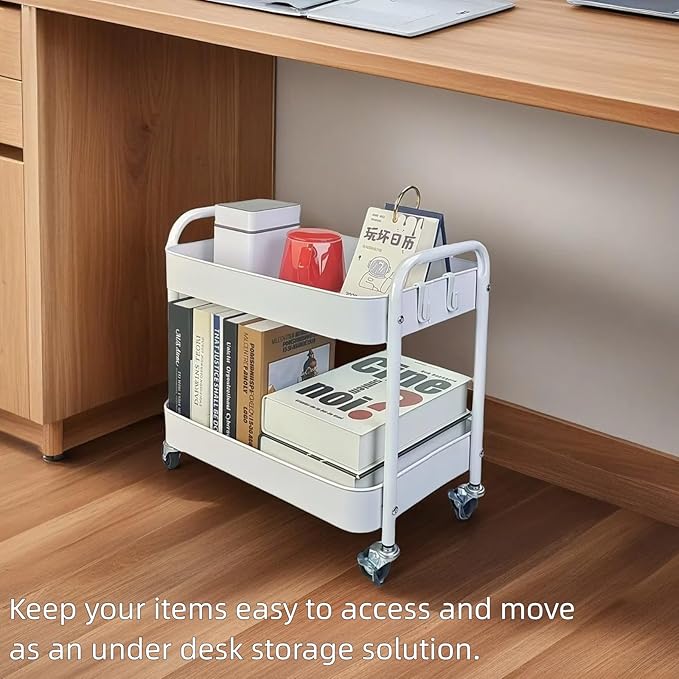 LIWNYRK 2 Tier Metal Rolling Cart with Wheels for Under Desk Storage & Pantry Storage, High Load-Bearing Kitchen Utility Cart for Small Space, Laundry Room Organization Side Table with 4 Hooks, White