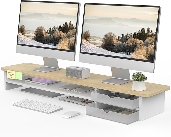 Fenge Monitor Stand, Dual Monitor Riser, 42.5inch Large Desk Computer Monitor Stand Riser with Drawer, 2 Tier Wood & Acrylic Desktop Organizer for Computer, Laptop, Printer, TV Screen Riser