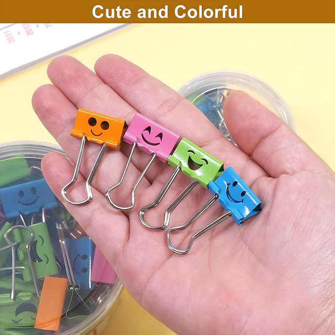 Coideal Smiling Binder Paper Clips - 40 Pcs 19mm Mini Colored Metal Fun Clip Clamps with Cute Smile Face Assorted Color for Office (0.75 inch, Small)