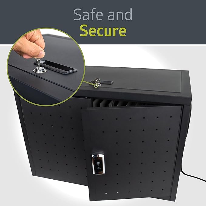 Pearington 16 Device Portable Table Top Charging and Storage Cabinet for iPads, Chromebooks and Laptop Computers, Up to 17-inch Screen Size, Bonus Shelf, Side Handles, Locking Front Door, Cable Clips