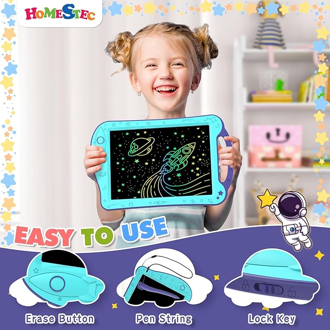[ClimatePartner Certified] HOMESTEC Astrodraw Drawing Pad, Colorful LCD Writing Tablet for Kids, Doodle Board for Toddlers 3 4 5 6 Years Old, Travel Toy Birthday Gift for Boys Girls (Aqua/Purple)