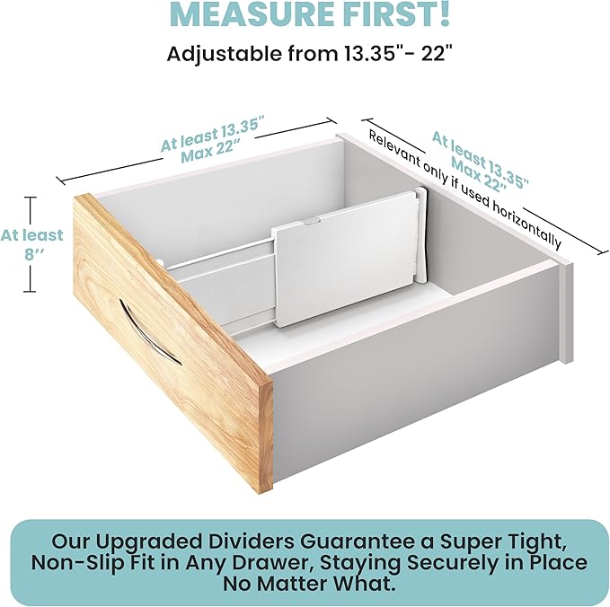 RAPTUROUS Adjustable Drawer Dividers, 8" Tall, Expandable 13.35-22", 4-Pack, Non-Slip for Deep Drawers in Kitchen, Bedroom, and Closet (White)