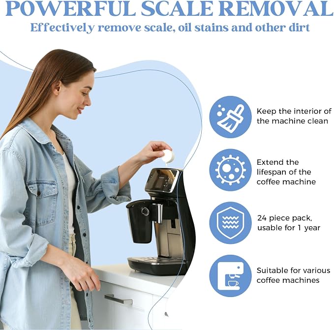 24 Coffee Maker Cleaner Descaler Tablets for Coffee Pot & Coffee Machine | Compatible With Keurig, Nespresso, Ninja, Philips, Miele, Breville, DeLonghi, Espresso & Drip Machines