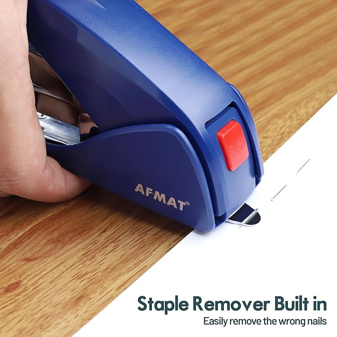 AFMAT Effortless Stapler for Desk, 50 Sheet Capacity, Low Force, Built-in Staple Remover, One Finger Touch Stapling Desktop Stapler, Portable & Space Save Size, Good for Home & Office ES10(Blue)