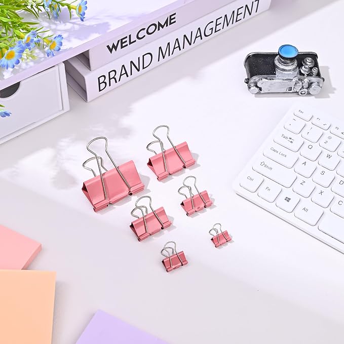 Temiary Aesthetic Binder Clips, Medium Metal Binder Clip with Clear Storage Container, Binding Paperwork Clamps for School Teachers Office Supplies (Pink 1.26 Inch, 24P)