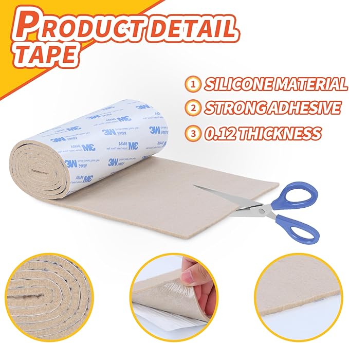 Felt Furniture Pads, Non Slip Self Adhesive Cuttable Felt Tape Beige Heavy Duty Felts Strip Roll for Protecting Hardwood Floors Chair Wall Protector (40 x 5 x 0.12 Inch)