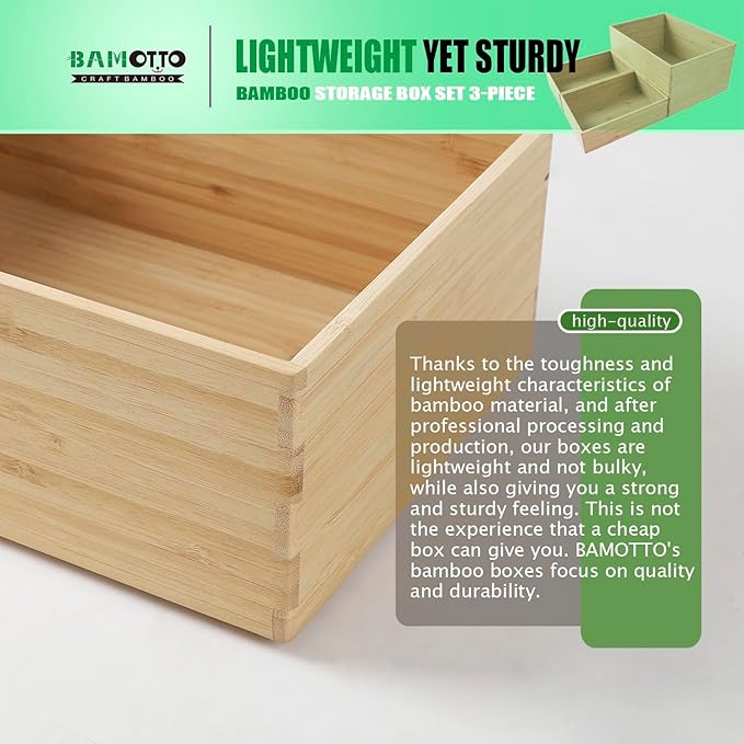 3-Piece Large Bamboo Storage Box Set, 7.1 in High Stackable Deep-Drawer Organizer for Kitchen Cutlery, Utensils & Knives, Exquisite and Durable Lidless Wooden Bin (14.6"x10.2x7.1"*1+10.2"x7.3"x3"*2)