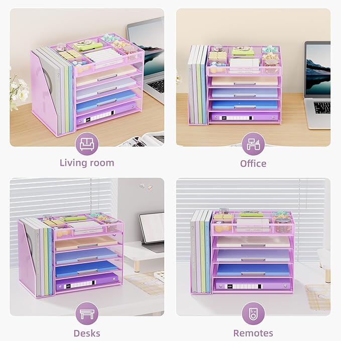 Marbrasse 5-Tier Desk Organizer with File Holder,Paper Letter Tray Organizer,Desktop File Organizer with Adjustable Compartments,Mesh Desk Organizers and Accessories for Office Supplies,Purple