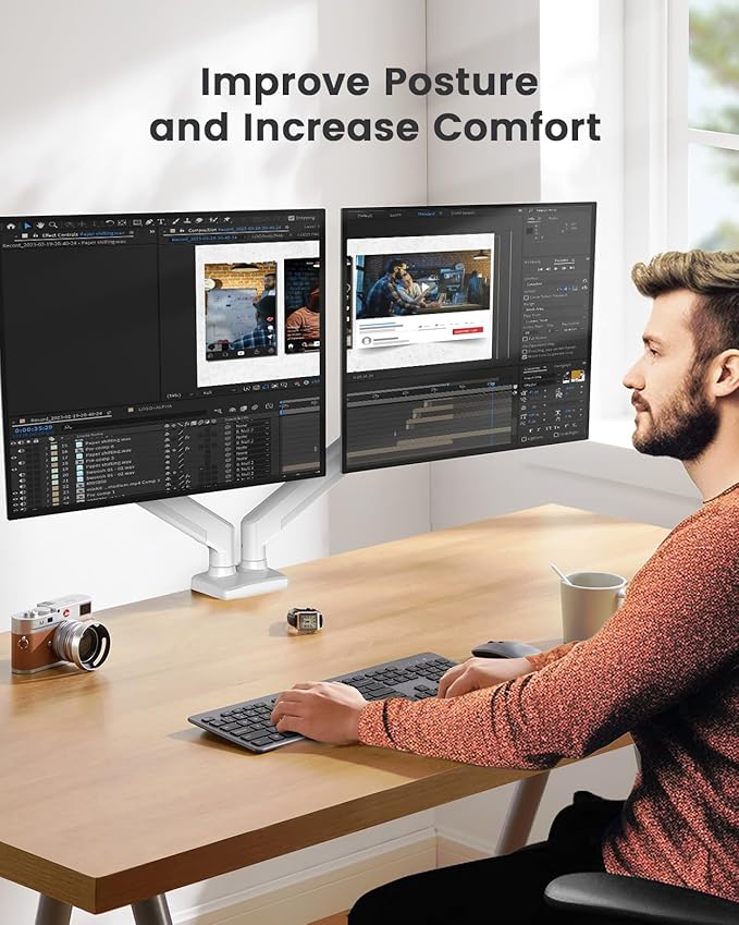 ErGear Dual Monitor Stand up to 32 inches Screen, Load-Bearing Max 22 lbs Each Arm, Adjustable Dual Monitor Mount, Sturdy Steel vesa Monitor Mount with Stable VESA 75x75 100x100mm-White