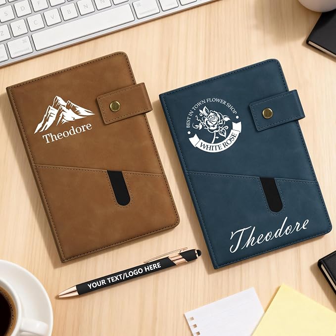 ENOMY Personalized Notebook & 10 PC Pens Set A5 Notebook with Ribbon Bookmark PU Leather Custom Notebook Cover for College Graduation Birthday Business Gifts, Khaki