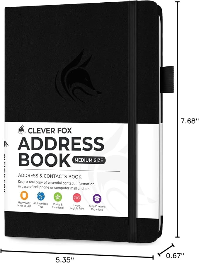 Clever Fox Address Book with alphabetic tabs - PU leather telephone and address book for keeping contacts safe, Contact Organizer Journal, Medium Size (5.3″ x 7.7″) Hardcover, Black