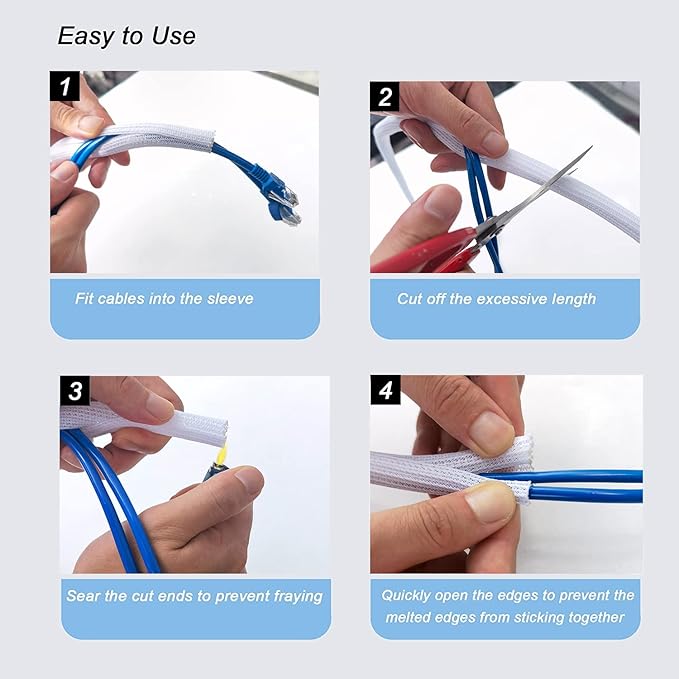 CrocSee 10ft - 3/8 inch Braided Cable Management Sleeve Cord Protector - Self-Wrapping Split Wire Loom for TV/Computer/Home Theater/Engine Bay - White