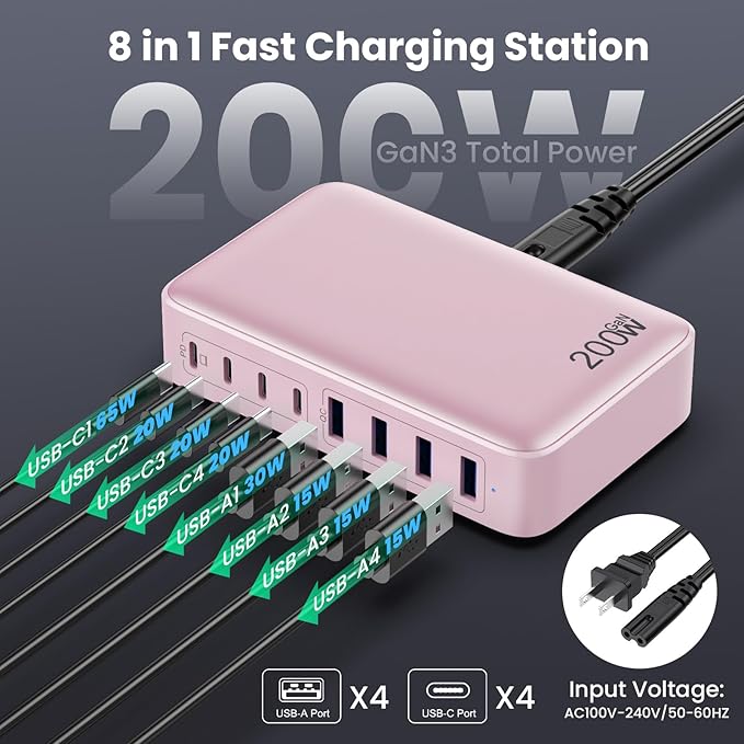 USB C Charger 200W USB C Charger Block,Upgraded GaN III 8-Port Fast Charging Station Hub,PD 65W Laptop Charging Adapter Compatible with MacBook Pro/Air,DELL,Steam Deck,iPhone 16/15/14,Galaxy S23/22