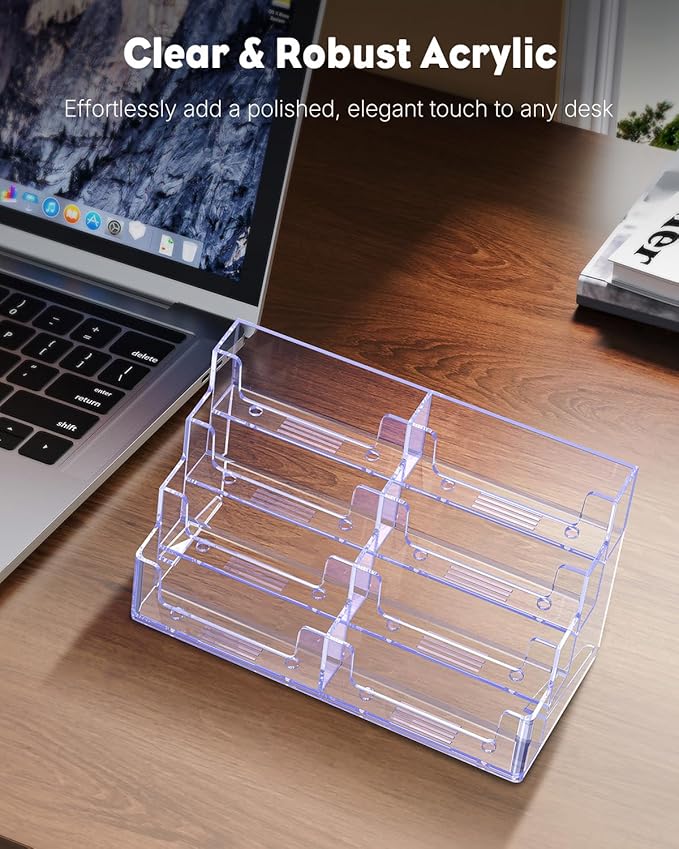 Uniclife Acrylic Business Card Holder for Desk 8 Slots Clear Business Card Display Stand for Men & Women Desktop Business Card Organizer Card Stand for Office Home Exhibition, 480 Card Capacity