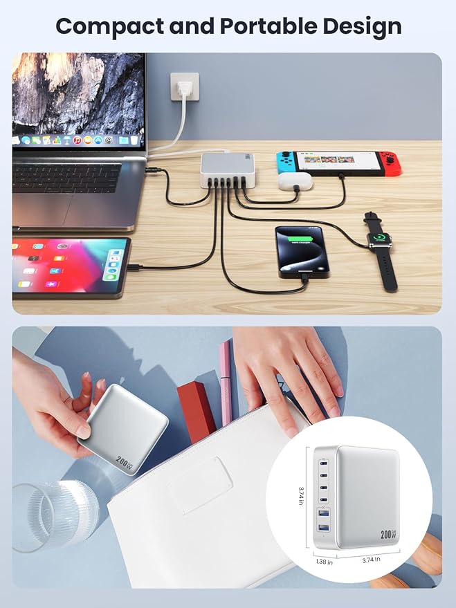 USB C Charger Block 200W[2025 Upgraded] GaN III 6 Port Fast Charging Station Hub,PD 65W USB C Laptop Charger Compatible with MacBook Pro/Air,iPad,iPhone 16/15,Galaxy S23/S24 Steam Deck Dell XPS etc