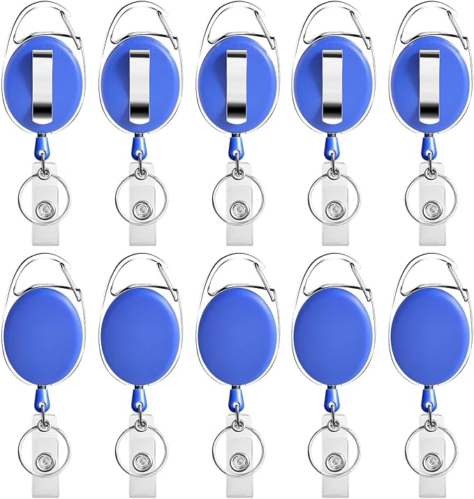Retractable Badge Holder with Carabiner Reel Clip and Key Ring for ID Card Key Keychain Holders Blue 10 Pieces