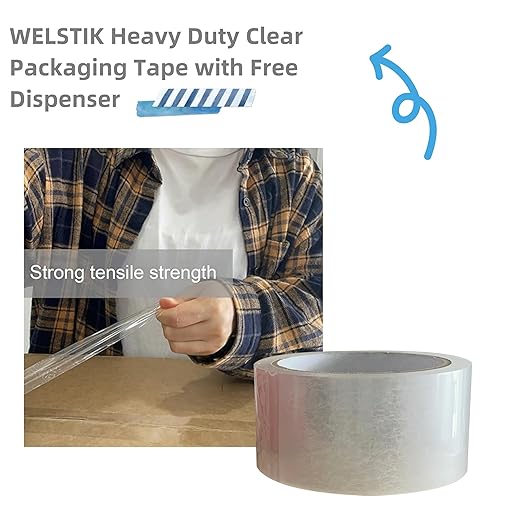 WELSTIK Packing Tape 660 Yards, 6 Pack 2 inch x 110 Yards Heavy Duty Clear Packaging Tape with Dispenser, Industrial Shipping Box Transparent Packing Tape for Moving, Office, Home