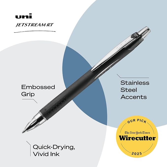uniball™ Jetstream RT Ballpoint Pens, Black Ink, 0.7mm Fine Point, 3 Count | Retractable, Smooth Writing, Quick-Drying, Smear-Resistant, uni Super Ink™