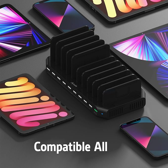 Alxum USB Fast Charging Station with Quick Charge 3.0, 10 Port Charging Stand for Multiple Devices, Compatible with iPad, iPhone, Samsung Galaxy, Black