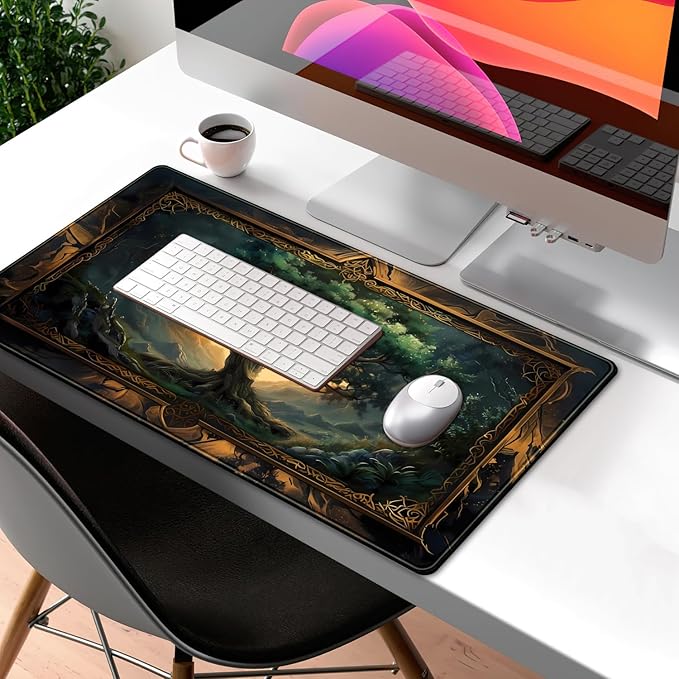 Mystical Green Tree Large Gaming Mouse Pad Forest Tree of Life Deskpad Mat XXL Extended Gaming Desk Large Mousepad Computer Laptop Keyboard and Mouse Mat, Office Desk Decor Pad 31.5x15.8 in