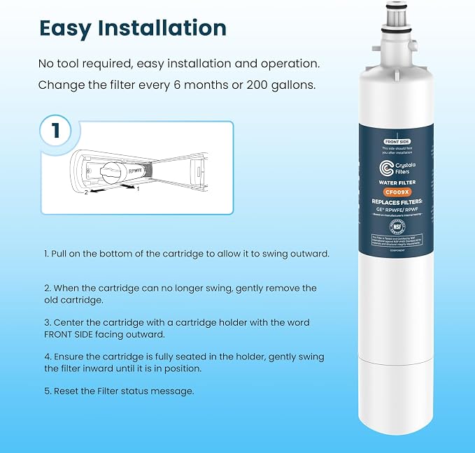 Crystala Filters Replacement for GE® RPWFE, RPWF (with CHIP) Refrigerator Water Filter, Compatible with WSG-4, WF277, GFE28GMKES, PFE28KBLTS, GYE22HMKES, DFE28JSKSS, GFE28GYNFS, GFD28GYNFS, 1 Pack | Compatible with GFE28GYNFS, GFE28GELDS, PFE28KELDS, P...