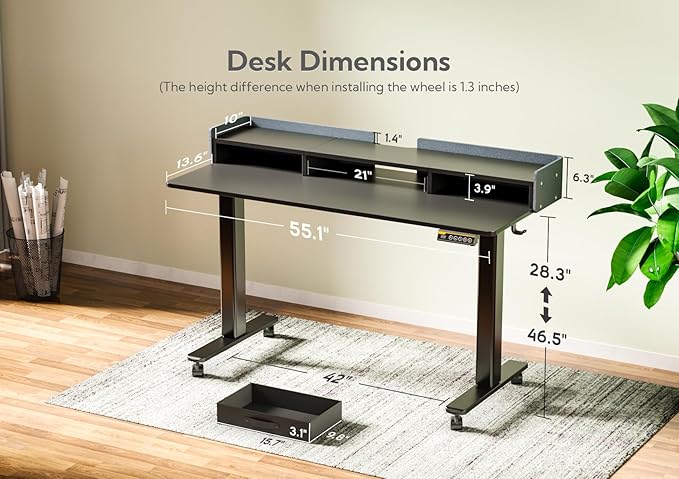 Claiks Standing Desk with Drawers, Stand Up Electric Standing Desk Adjustable Height with Storage Shelf and Splice Board, 55 Inch, Black