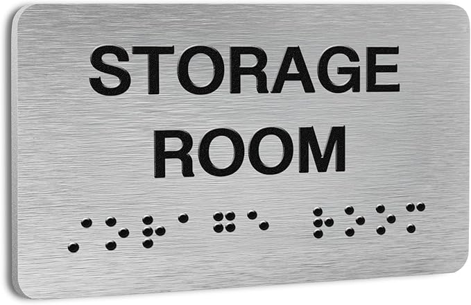 Storage Room Signs for Business and Office Sign, ADA Signs with Raised Text & Grade 2 Braille, Easy Installation with Adhesive Pad – Brushed Aluminum/Silver