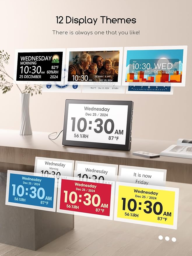 Raynic Digital Clock, Large Display Calendar Clock with 12 Themes, 20 Alarms, 20 Reminders, Auto Dimming, 12/24 Hours, Indoor Temperature, Humidity for Seniors, Desk