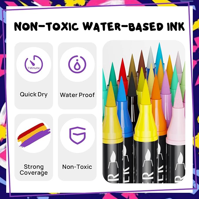 48 Colors Dual Tip Acrylic Paint Markers,Fine Tip and Brush Tip Permanent Acrylic Paint Pens For Rock Painting, Canvas, Wood, Glass, Ceramic, Fabric, Plastic, Egg, Scrapbook,Art Painting Supplies Kit
