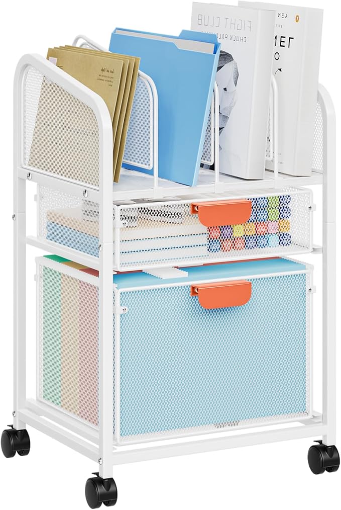 Marbrasse Rolling File Cart with Adjustable Dividers, Mobile File Cabinet on Lockable Wheels, Office Filing Cabinet Organizer, Hanging File Folder Organizer for Home Office - White