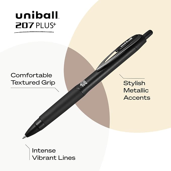 uniball™ 207 Plus+ Gel Pens, Black Ink, 0.7mm Medium Point, 2 Count | Retractable, Faster-Drying, Smooth Writing, Smear-Resistant, uni Super Ink™ Plus+
