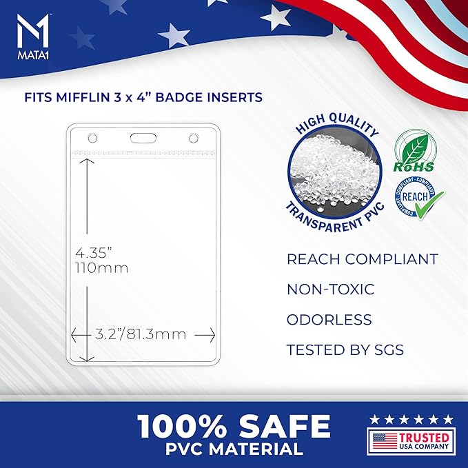 Mata1-USA Plastic Extra-Thick Vertical ID Card Holder (Clear, 3x4 Inch, 100 Pack), Large Size No Zipper Name Badge