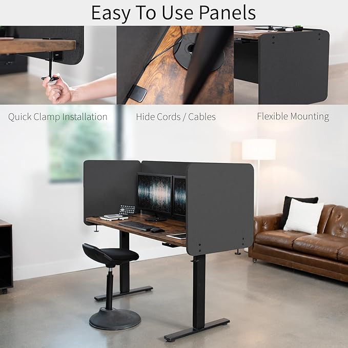 VIVO Clamp-on Privacy Panels 60 x 24 inch (x1), 24 x 24 inch (x2), Sound Absorbing Cubicle Desk Dividers, 3 Acoustic Partitions, Dark Gray, PP-3-V108D