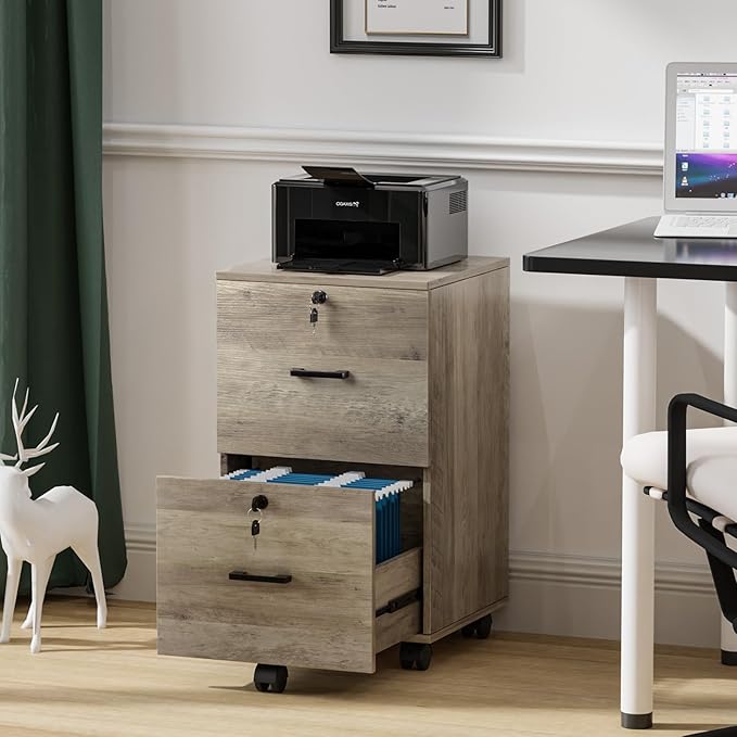 VINGLI 2 Drawer File Cabinet with Lock, Wood Rustic Gray Filing Cabinet for Letter Size File Folders with Tabs, Under Desk Rolling File Cabinets for Home Office, Mobile File Organization Printer Stand