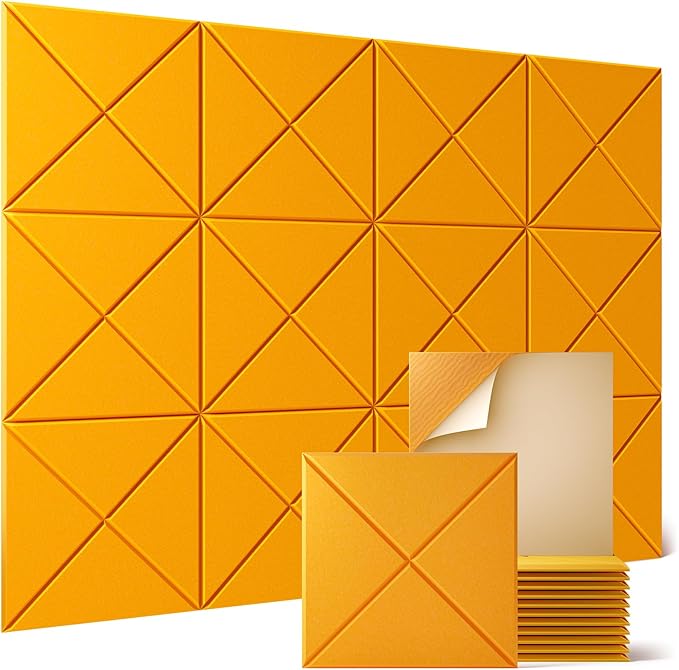 Sonicism 12 Pack X-Lined Acoustic Panels with Self-Adhesive, 12"X 12"X 0.4" Sound Proof Foam Panels, Decorative Soundproof Wall Panels, Sound Absorbing Tile for Home & Offices, Orange Yellow