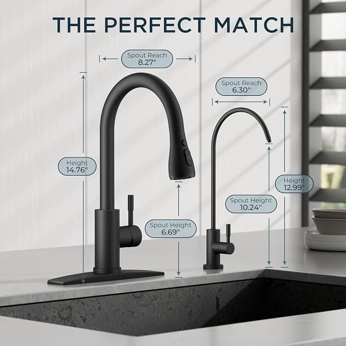 FORIOUS Kitchen Faucet and Water Filter Faucet Combo, Black Stainless Steel Bar Faucet Pull Down Sprayer and Drinking Purifier Faucet for Kitchen Sink RV Farmhouse Camper