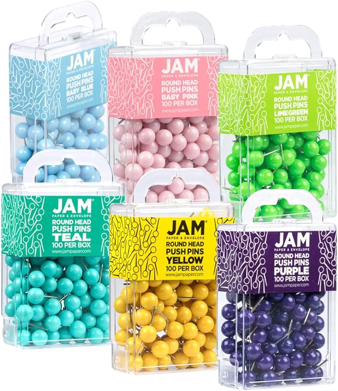 JAM PAPER Colorful Push Pins - Round Head Map Thumb Tacks - Assorted Spring Colors - 600/Pack