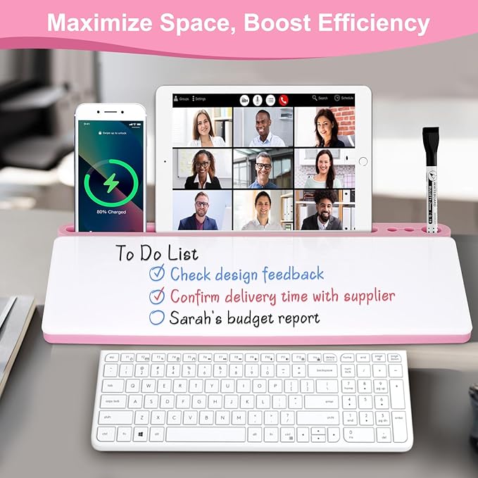 Desktop Glass Whiteboard with Storage, Pink Desk Dry Erase White Board with Computer Keyboard Stand, Desk Organizers and Accessories with Removable Cubicles for Office, Home, College, School