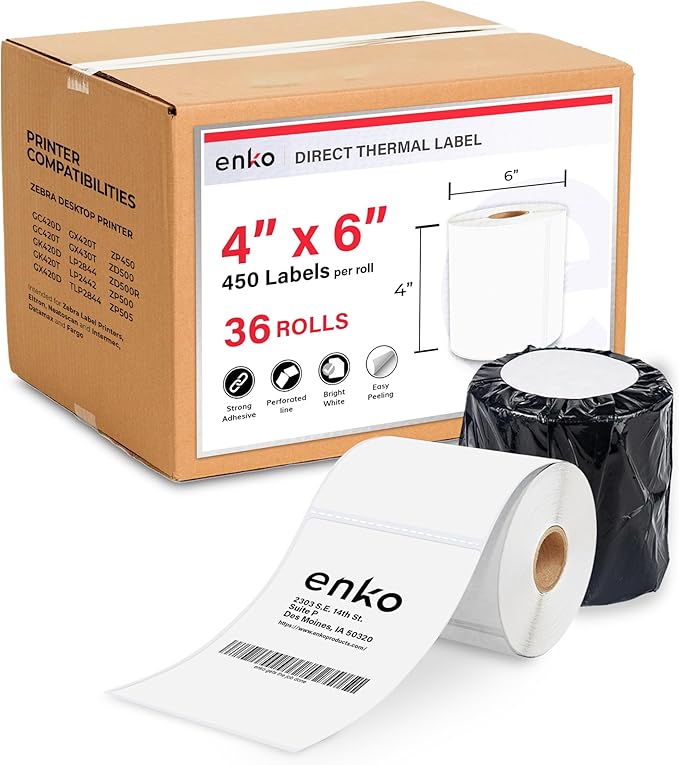 enKo (36 Rolls, 16,200 Labels) 4 x 6 Direct Thermal Address & Shipping Labels Compatible for Zebra 2844 ZP-450 ZP-500 ZP-505, Rollo, Eltron, Neatoscan