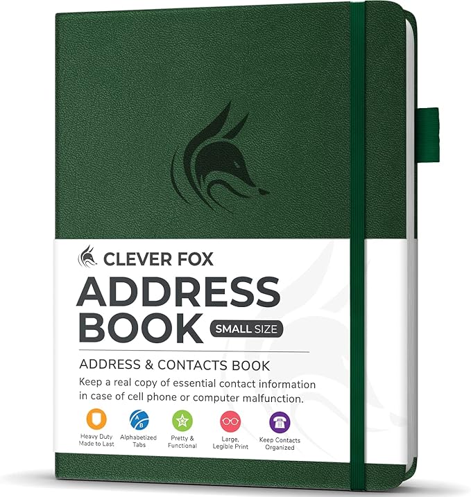 Clever Fox Address Book with alphabetic tabs - PU Leather Telephone and Address Book for Keeping Contacts Safe, Contact Organizer Journal, Small Size (4.0″ x 5.5″), Hardcover, Forest Green