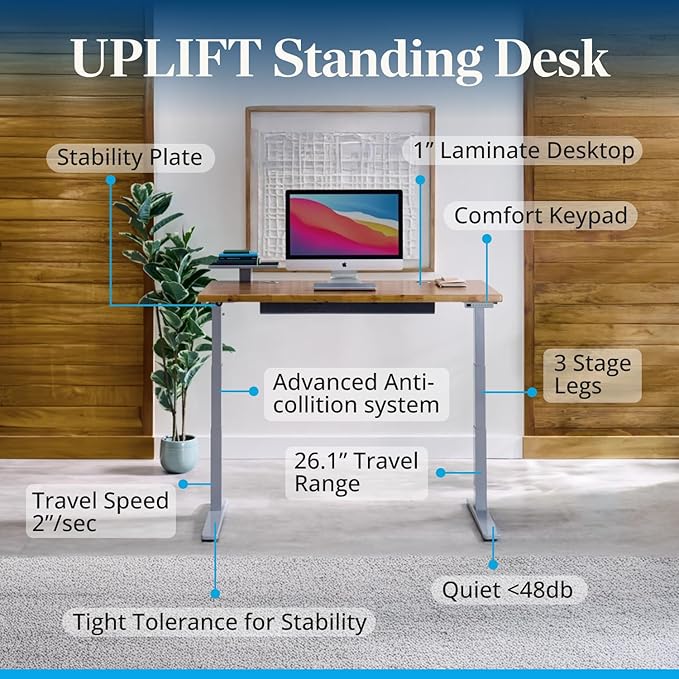 UPLIFTDESK V3 2-Leg Maple Laminate Wood Standing Desk – Adjustable Height, Advanced 1-Touch Memory Keypad, Under Desk Cable Management, Wire Grommets & Rocker Board (Black C-Frame, 60 x 30 inch)