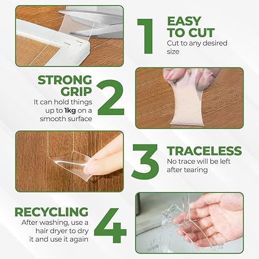 Nano Double-Sided Clear Adhesive (16.5f) Tape mounting Tape for Picture Hanging Water Proof Suitable for Rugs Washable Removeable tracelss multiuse Office and Out Door use Cinta adhesiva Doble cara
