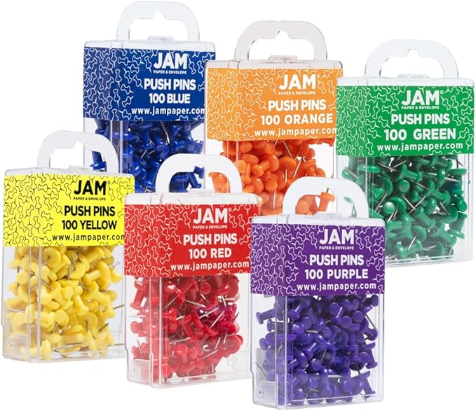 JAM PAPER Colorful Push Pins - Assorted Rainbow Colors Thumb Tacks - 600/Pack