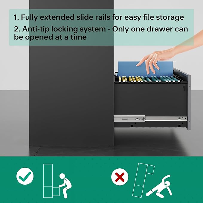 Letaya File Cabinet with Lock-Lateral 2 Drawer Metal Filing Cabinets-Organization Storage Cabinets for Home Office-Hanging Letter/Legal/F4/A4 Size (2 Drawer-Grey Black)