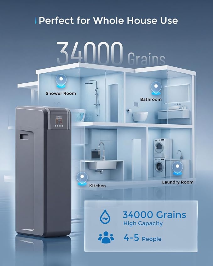 34000 Grain Water Softener System, Whole House Water Softener for 4–5 People with Up-Flow Regeneration, Digital Display, Vacation Mode & Easy-Add Cabinet, CS21H-0935