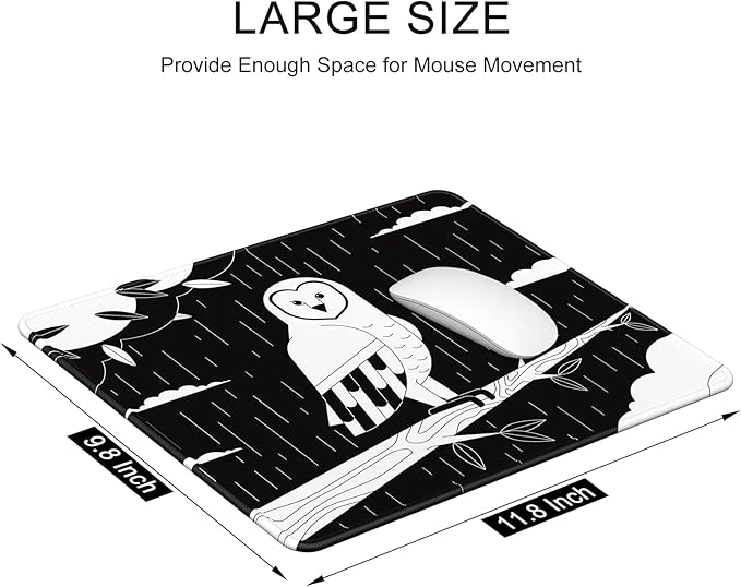 Auhoahsil Mouse Pad, 12 x 10 in Owl Theme Computer Mouse Pad for Desk, Premium-Textured Non-Slip Rubber Stitched Edges Waterproof Square Mouse Mat for Gaming Work Wireless Mice, Simple Black White