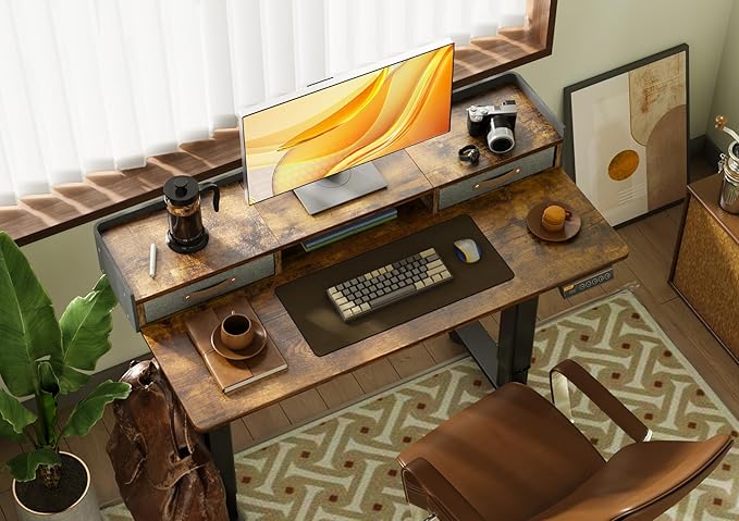 Claiks Standing Desk with Drawers, Stand Up Electric Standing Desk Adjustable Height with Storage Shelf and Splice Board, 48 Inch, Rustic Brown