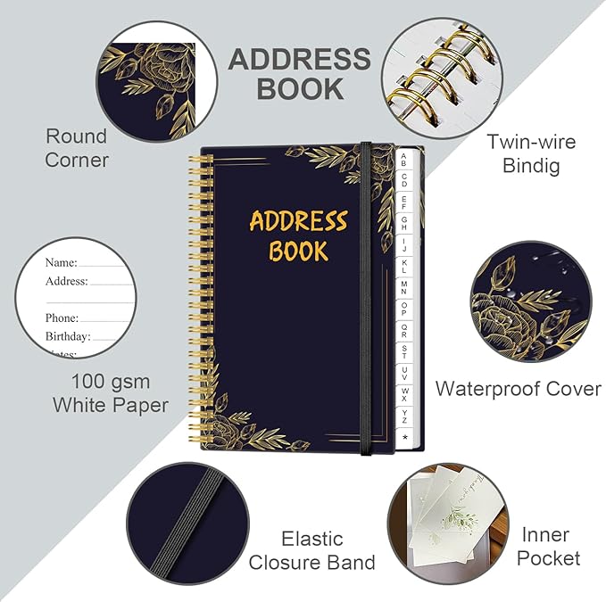 Address Book with Alphabetical Tabs - Small Address Book Spiral with Address Contacts, Special Date, Phone, Birthday & Internet Login Password for Home and Office, 4.3" x 6.2", Black Flower